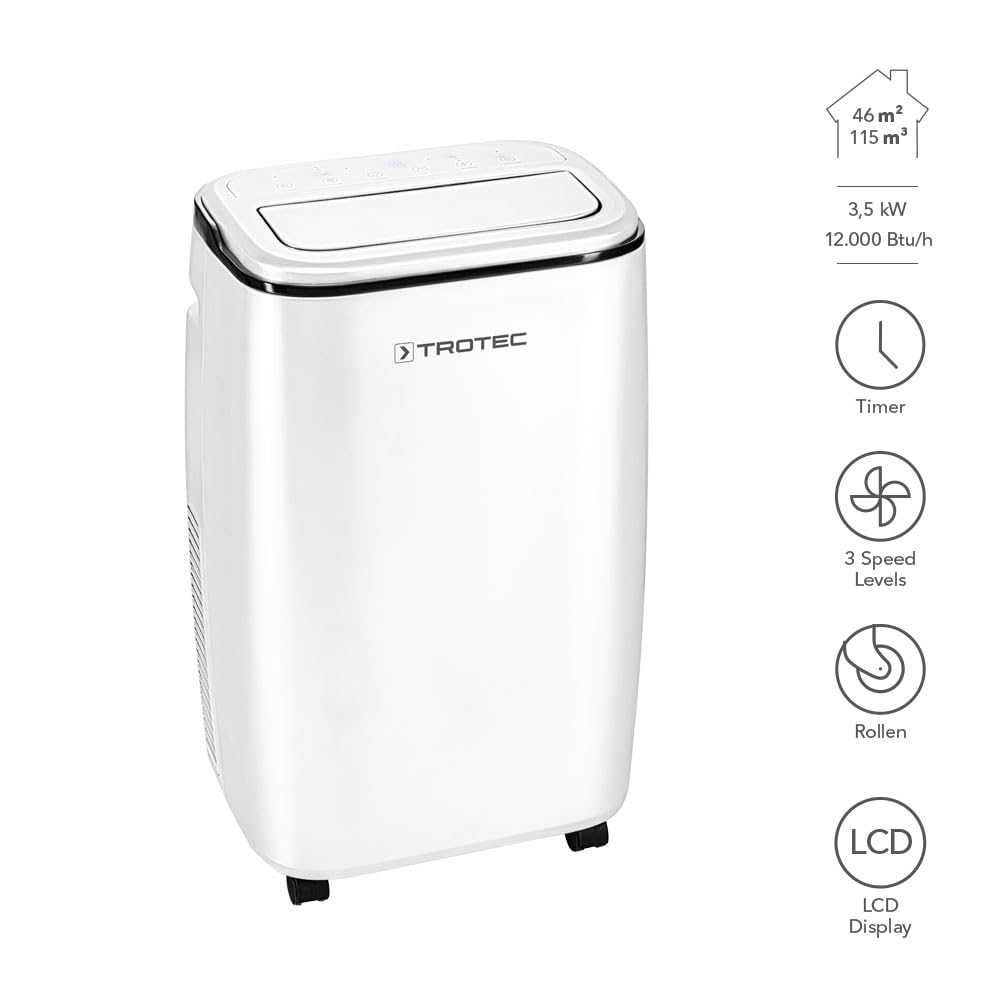 TROTEC PAC 3500 S mobile Klimaanlage 3-in-1 Kühlung Ventilation Entfeuchtung Monoblock-Klimagerät 3,5 kW 12.000 BTU/h 1,3 l/h Entfeuchtungsleistung für Raumgrößen bis 46 m²/155 m³ 3 Ventilationsstufen