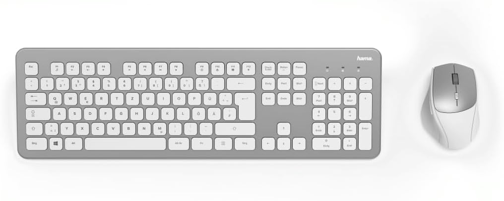 Hama Funk-Tastatur Maus Set (QWERTZ Tastenlayout, kabellose ergonomische Maus, 2,4GHz, USB-Empfänger) Windows Keyboard Funkmaus-Tastatur-Set, weiß silber