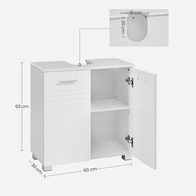 VASAGLE Waschbeckenunterschrank, Badezimmerschrank mit Hochglanz Oberfläche, Doppeltür Badschrank, verstellbare Ablage, sanft schließende Scharniere, fürs Badezimmer, 60 x 30 x 63 cm, weiß BBK112W01