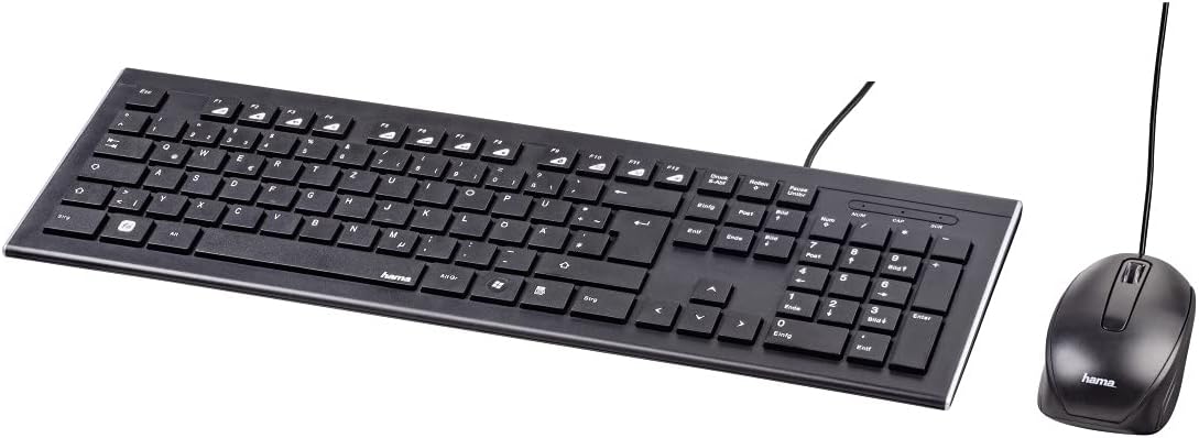 Hama Computertastatur Maus Set (kabelgebunden, ergonomisch, deutsches Tastenlayout QWERTZ, leise Tasten, flaches Design, 12 Media-Tasten, optische Maus, 1000 dpi, USB-Anschluss, PC, Laptop) schwarz