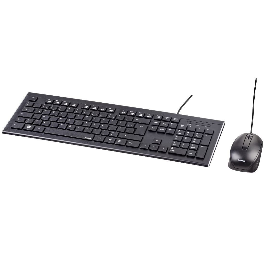 Hama Computertastatur Maus Set (kabelgebunden, ergonomisch, deutsches Tastenlayout QWERTZ, leise Tasten, flaches Design, 12 Media-Tasten, optische Maus, 1000 dpi, USB-Anschluss, PC, Laptop) schwarz