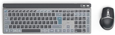 Hama Tastatur-Maus-Set kabellos WKM-750 (Multi-Device 1x Funk, 2X Bluetooth für PC, Laptop, Tablet, leise Tastatur LED, verstellbare Tippwinkel, FN-Lock, QWERTZ DE, ergonomische leise Maus) schwarz