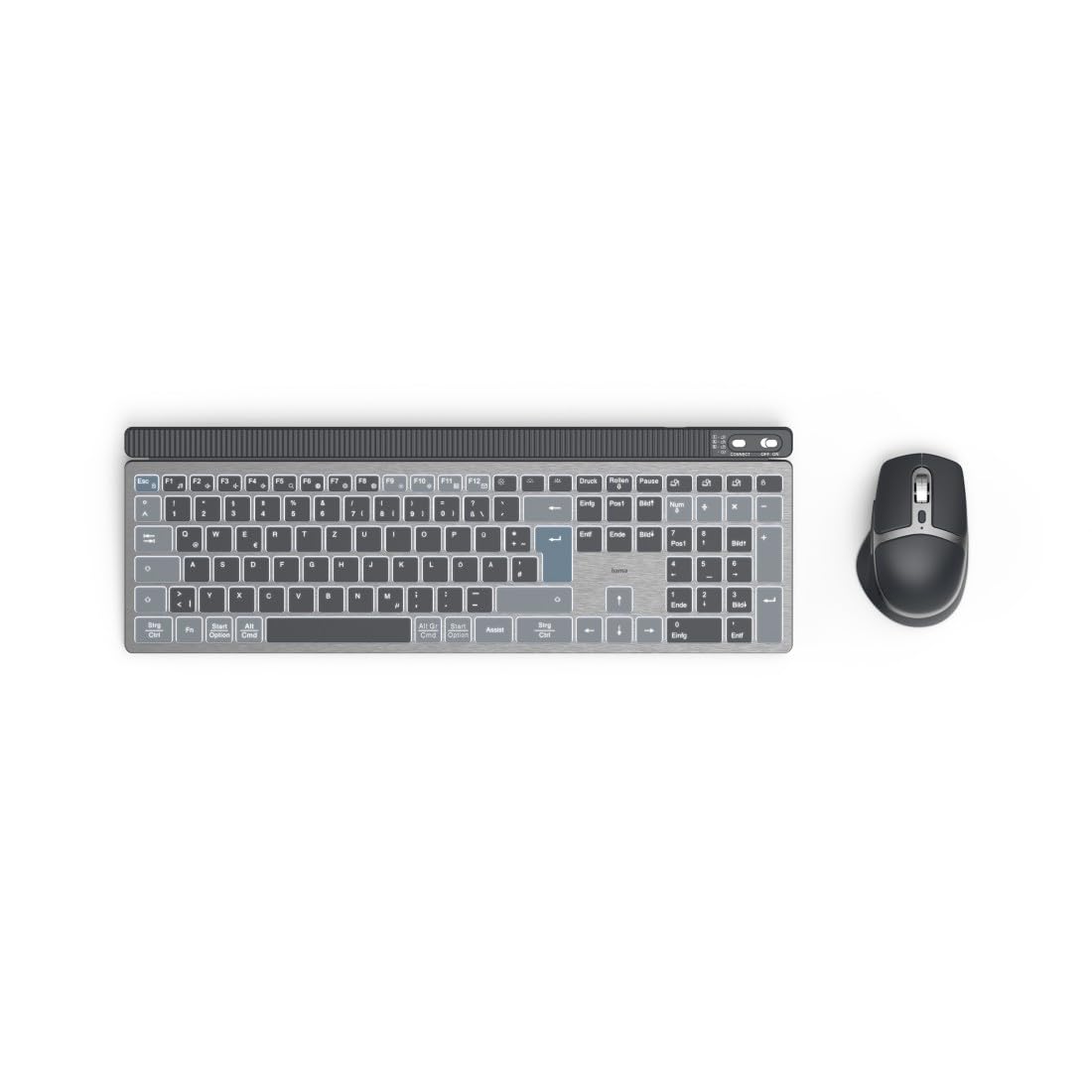 Hama Tastatur-Maus-Set kabellos WKM-750 (Multi-Device 1x Funk, 2X Bluetooth für PC, Laptop, Tablet, leise Tastatur LED, verstellbare Tippwinkel, FN-Lock, QWERTZ DE, ergonomische leise Maus) schwarz