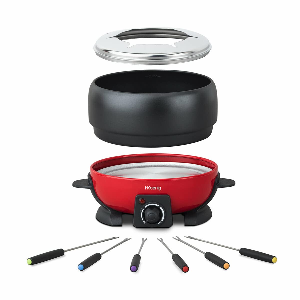 H.Koenig ALP1800 elektrisches Fondue Set / 6 Personen / 6 Fonduegabeln / Temperatur 25°C bis 190°C / 2 L / Antihaftbeschichtung / 800 W / rot/schwarz