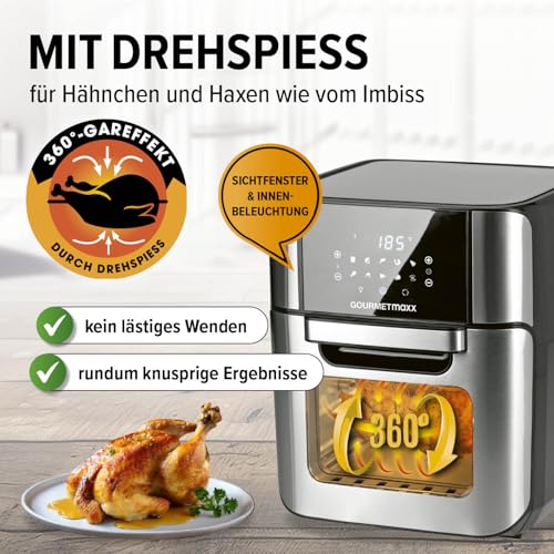 GOURMETmaxx Digitale Heißluftfritteuse 12 L, XXL-Edelstahl-Ofen | Airfryer + Timer, Touchdisplay, Drehspieß | fettarm, energiesparend frittieren | 10 Programme inkl. Pizza | 1800 W