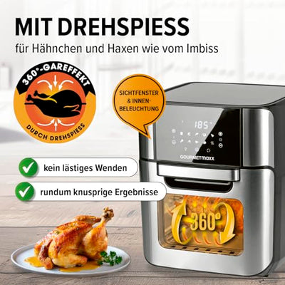 GOURMETmaxx Digitale Heißluftfritteuse 12 L, XXL-Edelstahl-Ofen | Airfryer + Timer, Touchdisplay, Drehspieß | fettarm, energiesparend frittieren | 10 Programme inkl. Pizza | 1800 W