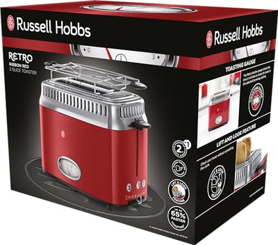 Russell Hobbs Toaster [für 2 Scheiben] Retro Edelstahl Rot (Countdown-Anzeige im Retrodesign, inkl. Brötchenaufsatz, 6 Bräunungsstufen + Auftau- & Aufwärmfunktion, 1300W) Vintage 21680-56