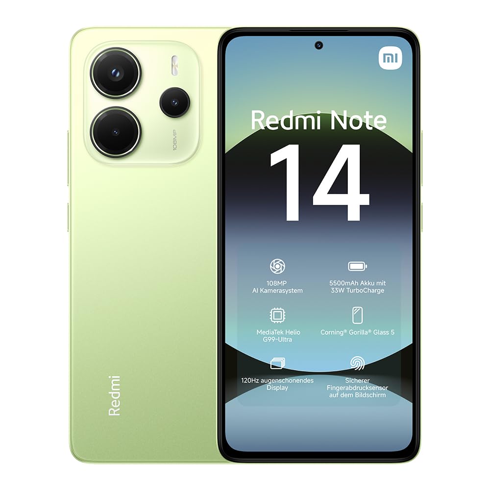 Xiaomi Redmi Note 14 Smartphone, 8 + 128GB, Green, 108MP AI-Kamerasystem, 5500mAh Akku, 120Hz Augenschutzdisplay, AI-Funktionen (kein Ladegerät enthalten)