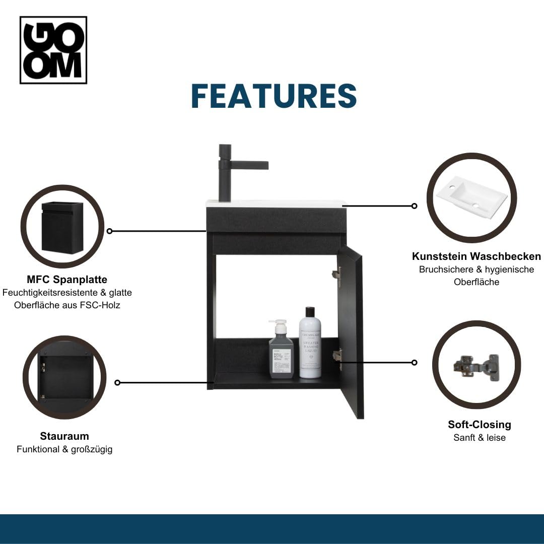 GOOM Gäste-WC Waschtisch Set 40 cm Badmöbel Vormontiert Klein Waschbecken mit Unterschrank (Schwarz)
