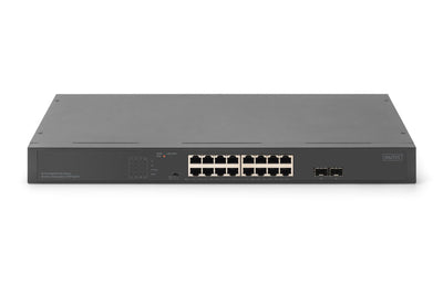 DIGITUS 19-Zoll PoE Netzwerk-Switch - 16-Port Gigabit + 2-Port Gigabit SFP - Unmanaged - VLAN - 250W PoE Leistungsbudget - 10/100/1000 Mbit/s - schwarz