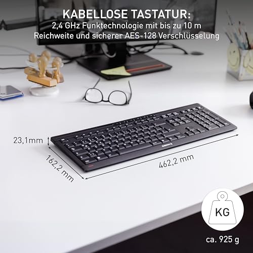 CHERRY STREAM KEYBOARD WIRELESS, Kabellose Tastatur, Deutsches Layout (QWERTZ), 2,4 GHz Funk, Leise Tasten, Flaches Design, Batteriebetrieben, Schwarz