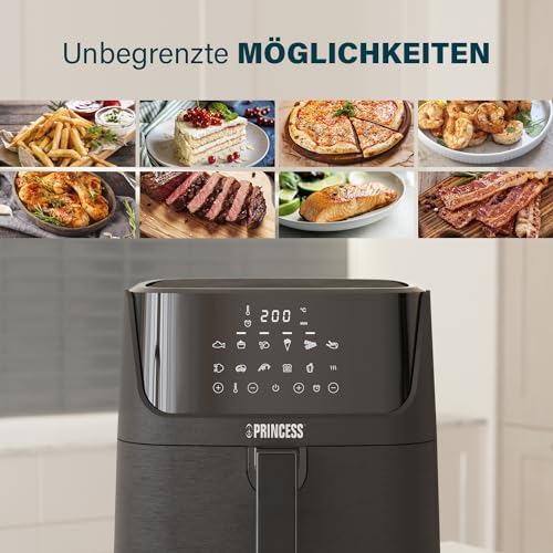 Princess Digitale Heißluftfritteuse – 6,5 L – mit herausnehmbarer Trennwand – 60 Prozent weniger Energieverbrauch – Digitaler Touchscreen – 12 Programme – Ohne Öl – Schwarz – 182061