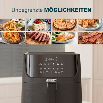 Princess Digitale Heißluftfritteuse – 6,5 L – mit herausnehmbarer Trennwand – 60 Prozent weniger Energieverbrauch – Digitaler Touchscreen – 12 Programme – Ohne Öl – Schwarz – 182061