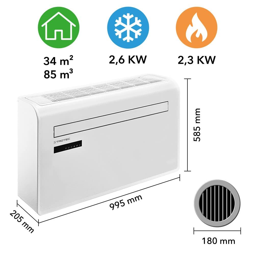 TROTEC Lokales Klimagerät mit Heizfunktion PAC-W 2650 SH mobile Klimaanlage 4-in-1 Kühlung, Beheizung, Ventilation, Entfeuchtung Klimagerät 2,6 kW 9.000 BTU/h für Raumgröße bis 34 m² und 85 m³