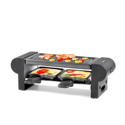 Clatronic® Raclette 2 Personen | Mini Raclette mit ca. 20,5 x 10,5 cm Grillfläche | für Grillen & Überbacken | antihaftbeschichtete Grillplatte & Pfännchen | 350W | RG 3592