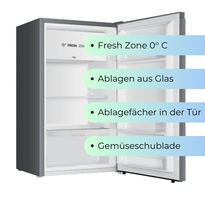 YUNA Kühlschrank SEREBRO E mit Fresh Zone/ 94L Nutzinhalt/Vollraumkühlschrank/ 84 cm hoch/ 86 kWh/Jahr/Türanschlag wechselbar/Leiser Betrieb 36 dB/Silbern