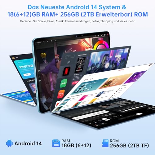 OUKITEL OT5S Tablet 12 Zoll - 2024 Neueste Android 14 Tablet 18GB RAM+256GB ROM(2TB TF) Gaming Tablet, 8250mAh, 2.4K IPS, 16MP+8MP Dual SIM Tablet PC 4G LTE/5G WiFi/GMS/GPS/Widevine L1,Schwarz