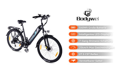 Bodywel A275 Eletrofahrrad 27,5 Zoll E Bike 250W/36V 15,6Ah Akku Reichweite 70-100km Eletrofahrrad mit Bluetooth APP Funktion Hydraulische Scheibenbremsen für Herren Damen