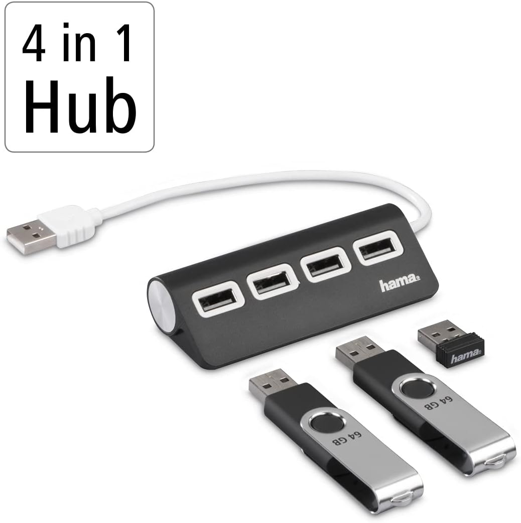 Hama USB Hub 4 Ports (High-Speed Datenübertragung, 4x USB-A für Maus, USB-Stick, USB-Dongle, externe HDD, SSD, usw. Multiport Adapter, USB Adapter 4in1 für Büro, Homeoffice und unterwegs) schwarz