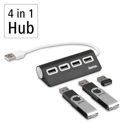 Hama USB Hub 4 Ports (High-Speed Datenübertragung, 4x USB-A für Maus, USB-Stick, USB-Dongle, externe HDD, SSD, usw. Multiport Adapter, USB Adapter 4in1 für Büro, Homeoffice und unterwegs) schwarz