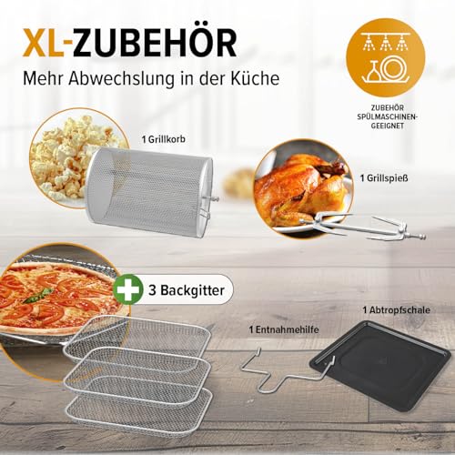 GOURMETmaxx Digitale Heißluftfritteuse 12 L, XXL-Edelstahl-Ofen | Airfryer + Timer, Touchdisplay, Drehspieß | fettarm, energiesparend frittieren | 10 Programme inkl. Pizza | 1800 W