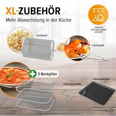 GOURMETmaxx Digitale Heißluftfritteuse 12 L, XXL-Edelstahl-Ofen | Airfryer + Timer, Touchdisplay, Drehspieß | fettarm, energiesparend frittieren | 10 Programme inkl. Pizza | 1800 W