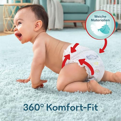 Pampers Baby Windeln Pants Größe 5 (12-17kg) Premium Protection, Junior mit Stop- und Schutz Täschchen, MONATSBOX, 144 Höschenwindeln