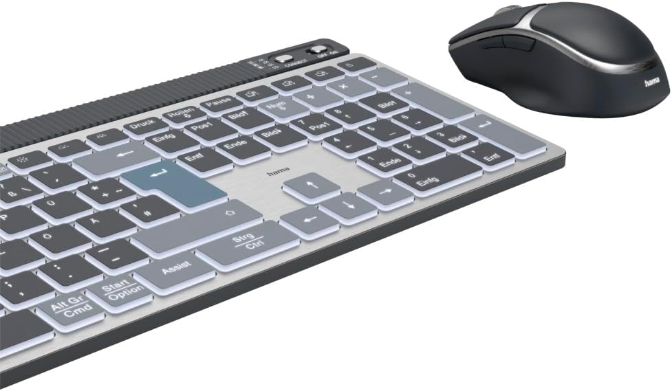 Hama Tastatur-Maus-Set kabellos WKM-750 (Multi-Device 1x Funk, 2X Bluetooth für PC, Laptop, Tablet, leise Tastatur LED, verstellbare Tippwinkel, FN-Lock, QWERTZ DE, ergonomische leise Maus) schwarz