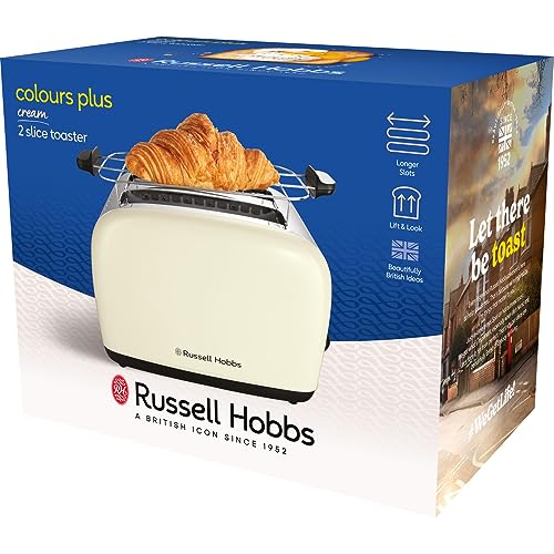 Grille-pain Russell Hobbs [pour 2 tranches] Colours Plus en acier inoxydable crème (fentes de toast extra larges, y compris chauffe-petits pains, 6 niveaux de brunissage + fonction décongélation, fonction Lift &amp; Look, 1600 W) 26551-56