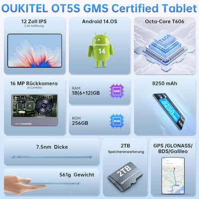 OUKITEL OT5S Tablet 12 Zoll - 2024 Neueste Android 14 Tablet 18GB RAM+256GB ROM(2TB TF) Gaming Tablet, 8250mAh, 2.4K IPS, 16MP+8MP Dual SIM Tablet PC 4G LTE/5G WiFi/GMS/GPS/Widevine L1,Schwarz