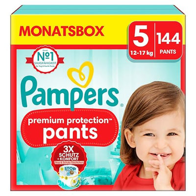 Pampers Baby Windeln Pants Größe 5 (12-17kg) Premium Protection, Junior mit Stop- und Schutz Täschchen, MONATSBOX, 144 Höschenwindeln