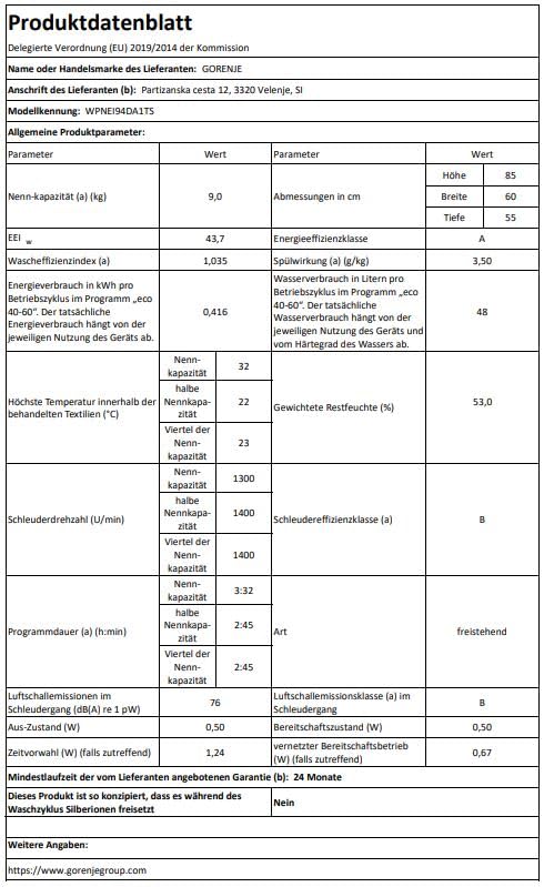 Gorenje WPNEI94DA1TS Waschmachine mit Dampffunktion/ConnectLife / 9Kg / 1400 U/min / 15 Programme/Totaler AquaStop/WaveActive Trommel/ExtraHygiene/PowerWash/Schnell Waschgang/EEK: A-10%