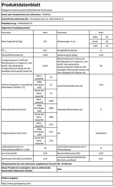 Gorenje WPNEI94DA1TS Waschmachine mit Dampffunktion/ConnectLife / 9Kg / 1400 U/min / 15 Programme/Totaler AquaStop/WaveActive Trommel/ExtraHygiene/PowerWash/Schnell Waschgang/EEK: A-10%