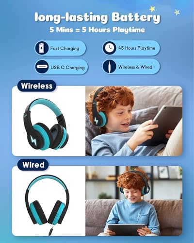 Bluetooth Kopfhörer Kinder, kabellose Bluetooth Kinderkopfhörer Over Ear mit 85dB/94dB Lautstärkebegrenzung, 45H Spielzeit, 3 Lightning-Modi, eingebautes Mikrofon Kopfhörer für Handy Tablet Schule