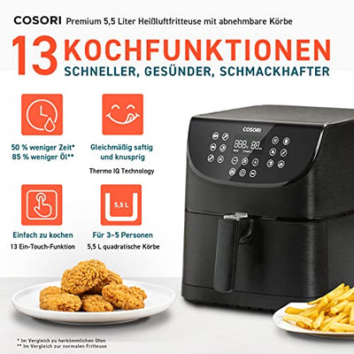 Friteuse à air chaud COSORI Airfryer, 11 en 1 Air Fryer XXL 5,5 L, Friteuse à air chaud avec rappel de secousse, 100 recettes, 55 pour cent d'économie d'énergie, paniers lavables au lave-vaisselle