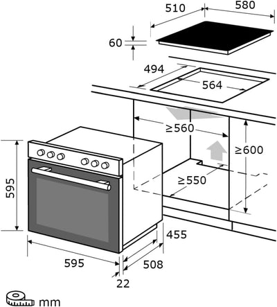 Exquisit Einbauherd-Set Backofen EHE10156-U-020 Set inox | Energieeffizienzklasse A | 59 l Garraum | Grill | Umluft | Glaskeramikkochfeld | rahmenlos | Einbaubackofen 60 cm