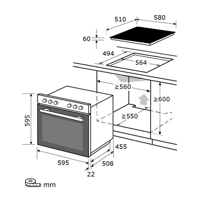 Exquisit Einbauherd-Set Backofen EHE10156-U-020 Set inox | Energieeffizienzklasse A | 59 l Garraum | Grill | Umluft | Glaskeramikkochfeld | rahmenlos | Einbaubackofen 60 cm