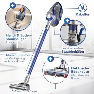 CLEANmaxx Akku-Zyklon-Staubsauger beutellos mit Akku | 2-in-1 Handstaubsauger, elektrisch rotierende Power-Rotation Düse | Energiesparen, 150 Watt [Blau/Grau]