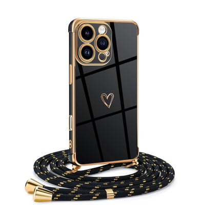 Mkej Frauen Mädchen Handykette Kompatibel mit iPhone 16 Pro Max - Silikon Hülle mit Band - Handyhülle für iPhone 16 Pro Max Herz Love Design Galvanik - Hülle mit Kordel in schwarzes Gold