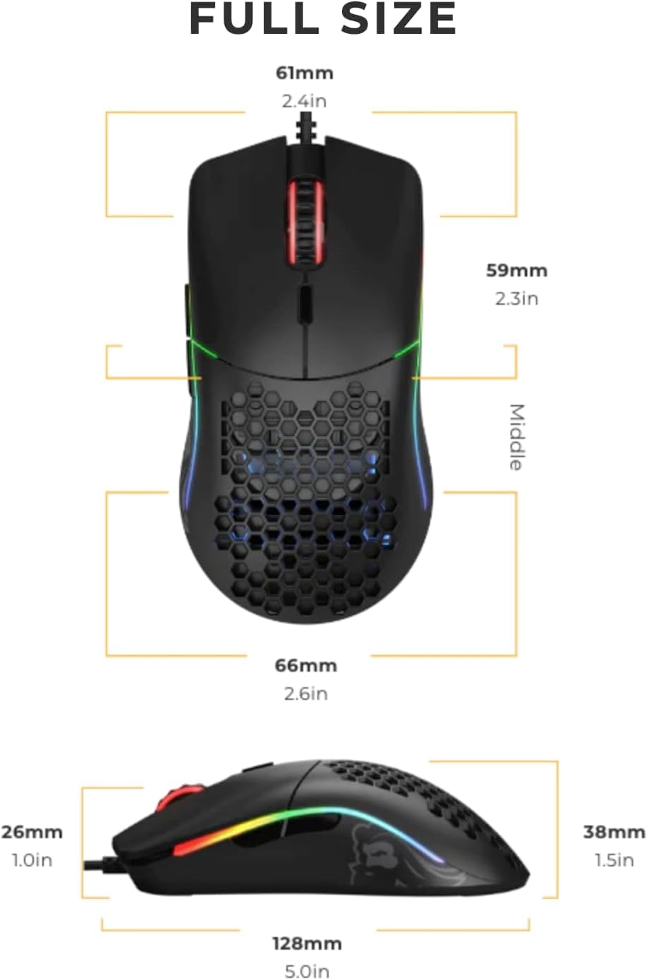 Glorious Gaming Model O Wired Gaming Mouse – superleichtes Wabendesign mit 67 g, RGB-Beleuchtung, Pixart 3360 Sensor, Omron-Schaltern, beidhändig – Mattschwarz