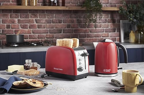 Grille-pain Russell Hobbs [pour 2 tranches] Colours Plus Acier inoxydable Rouge (fentes de toast extra larges, y compris chauffe-petits pains, 6 niveaux de brunissage + fonction décongélation, fonction Lift &amp; Look, 1600 W) 26554-56