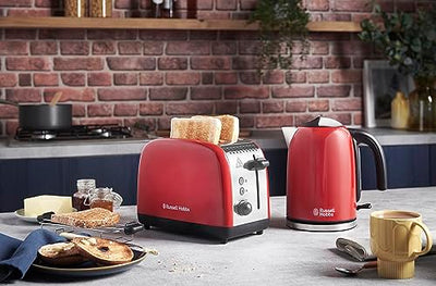 Grille-pain Russell Hobbs [pour 2 tranches] Colours Plus Acier inoxydable Rouge (fentes de toast extra larges, y compris chauffe-petits pains, 6 niveaux de brunissage + fonction décongélation, fonction Lift &amp; Look, 1600 W) 26554-56