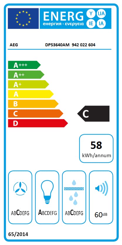 AEG DPS3640AM Flachschirm-Dunstabzugshaube / Abluft oder Umluft / 60cm / Grau / max. 345 m³/h / min. 49 – max. 68 dB(A) / C / Kurzhubtasten / Grau