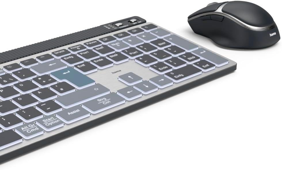 Hama Tastatur-Maus-Set kabellos WKM-750 (Multi-Device 1x Funk, 2X Bluetooth für PC, Laptop, Tablet, leise Tastatur LED, verstellbare Tippwinkel, FN-Lock, QWERTZ DE, ergonomische leise Maus) schwarz