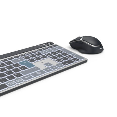 Hama Tastatur-Maus-Set kabellos WKM-750 (Multi-Device 1x Funk, 2X Bluetooth für PC, Laptop, Tablet, leise Tastatur LED, verstellbare Tippwinkel, FN-Lock, QWERTZ DE, ergonomische leise Maus) schwarz