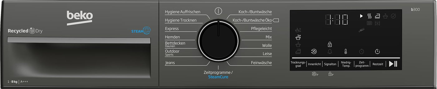 Beko B3T22491M Wäschetrockner Serie b300, 8 kg, Frontlader, Wärmepumpentrockner, 15 Programme, Sensortrocknung, Dampffunktion, Silent-Programm, Allergikergeeignet, Säulenfähig, Manhattan Gray