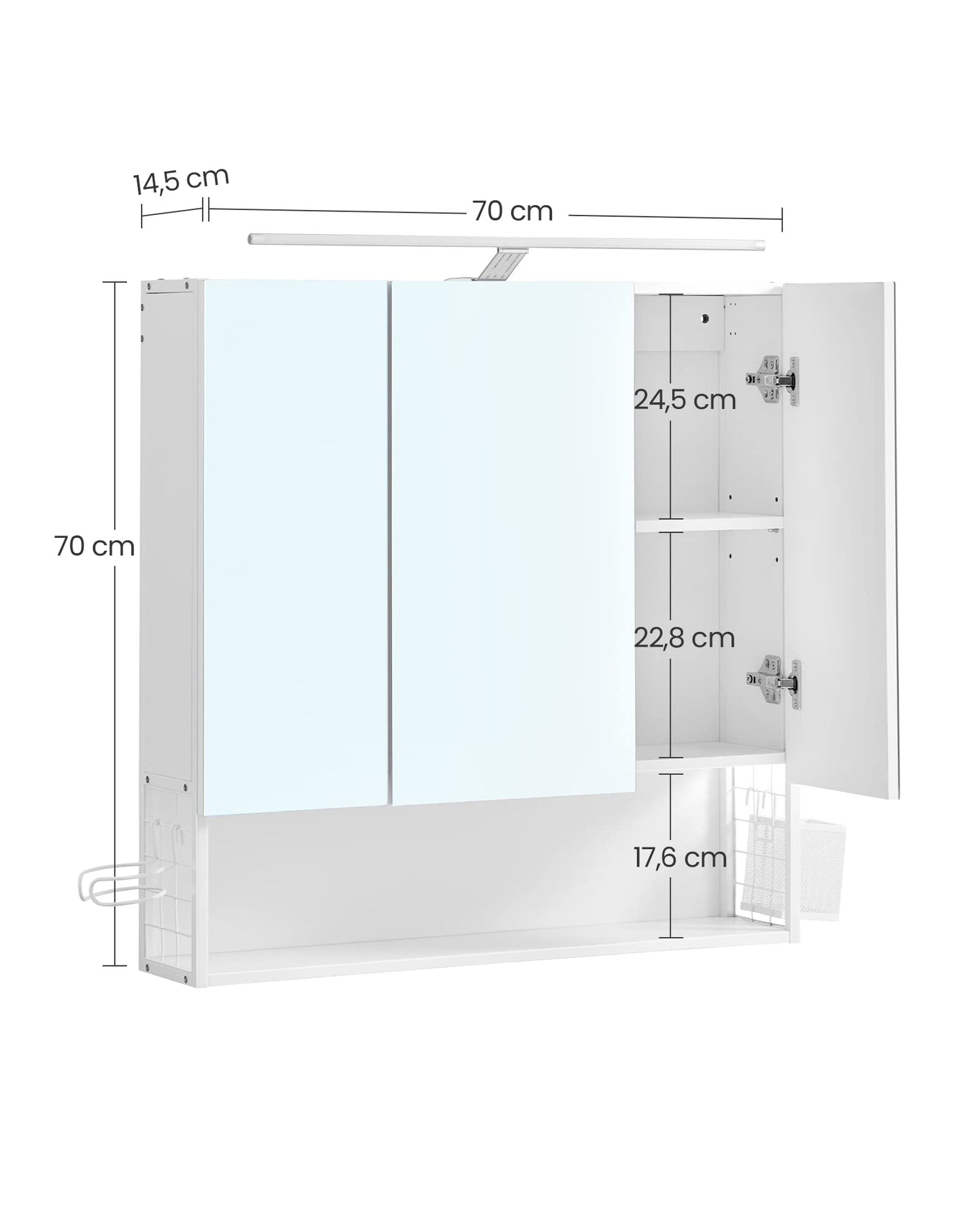 VASAGLE Badezimmerschrank mit 3 Türen, Spiegelschrank, Wandschrank, Steckdosen, Hängekorb, Haartrockner-Halter, viel Stauraum, für Badezimmer, Waschbecken, wolkenweiß BBK124W14