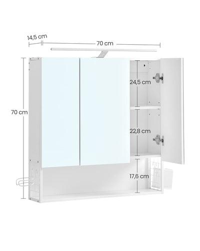 VASAGLE Badezimmerschrank mit 3 Türen, Spiegelschrank, Wandschrank, Steckdosen, Hängekorb, Haartrockner-Halter, viel Stauraum, für Badezimmer, Waschbecken, wolkenweiß BBK124W14