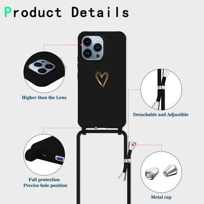 CaseLover Handykette kompatibel mit iPhone 16 Pro Max Hülle mit Band, Herz Muster Silikon Necklace Handyhülle mit Abnehmbar Kordel zum Umhängen Stossfest Bumper Handy Schutzhülle Case, Schwarz