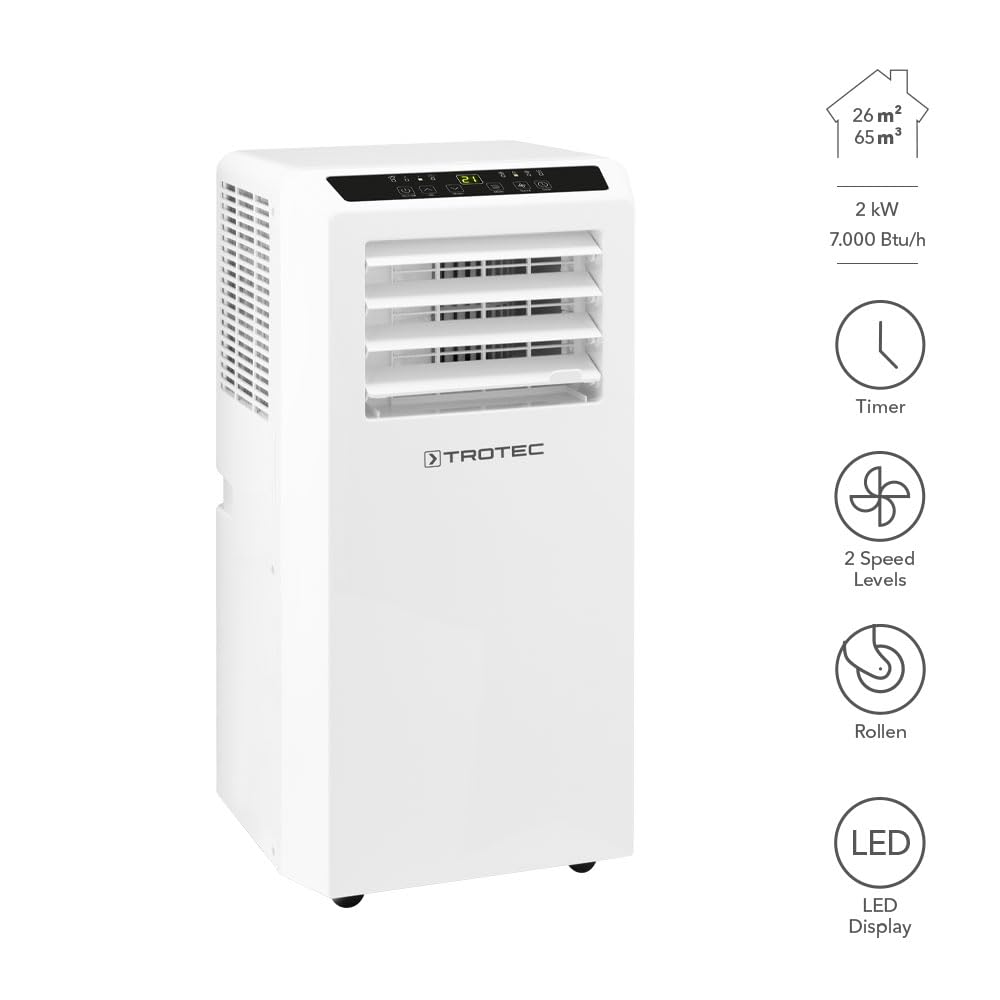 TROTEC Lokales Klimagerät mit Heizfunktion PAC 2010 SH mobile Klimaanlage 4-in-1 Kühlung, Beheizung, Ventilation, Entfeuchtung Klimagerät 2 kW 7.000 BTU/h für Raumgröße bis 26 m² und 65 m³